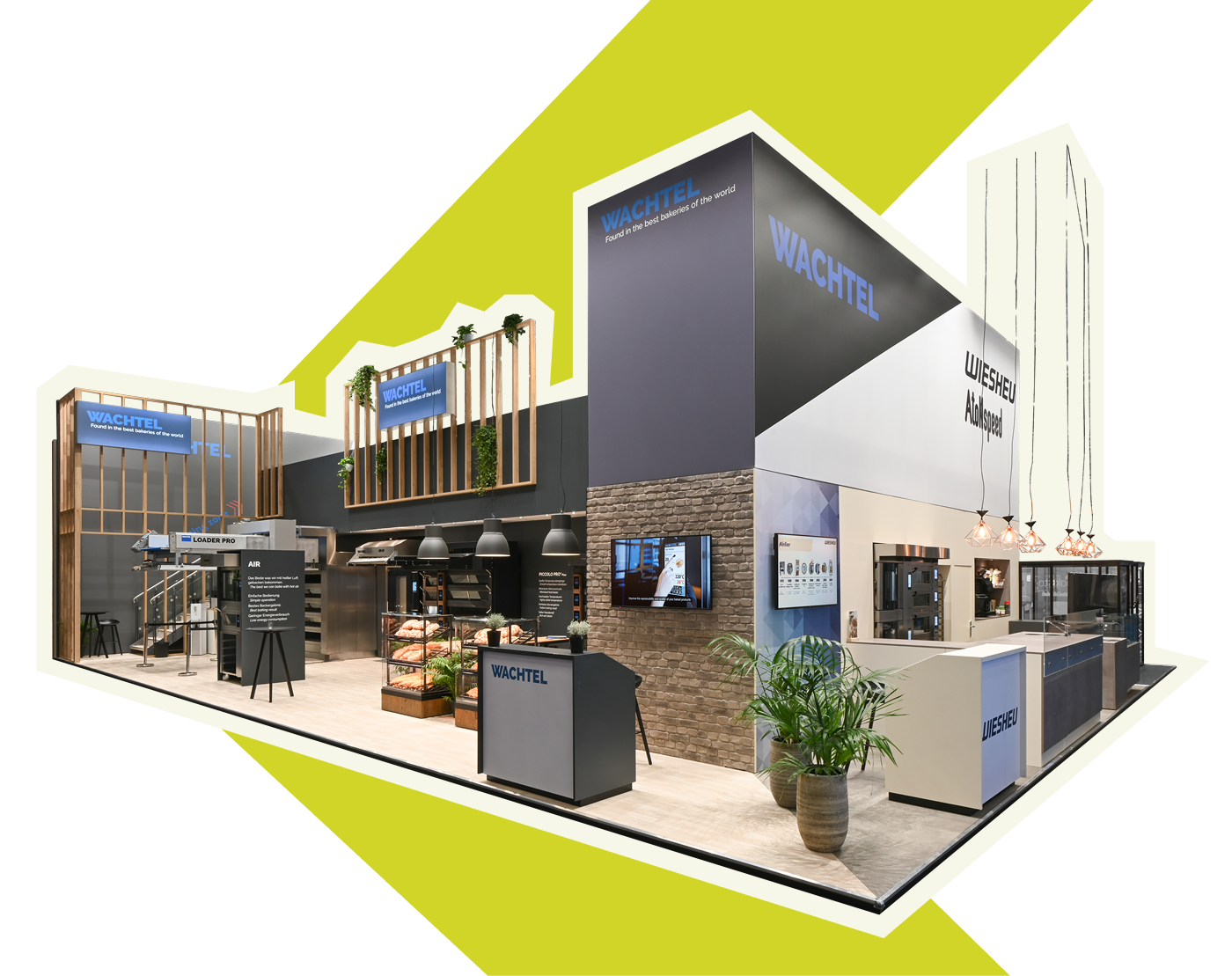 Ausschnitt eines Messestand von Wachtel. Der Ausschnitt ist weiß umrandet und im Hintergrund ist die grüne Pfeilspitze von Preuss zu erkennen