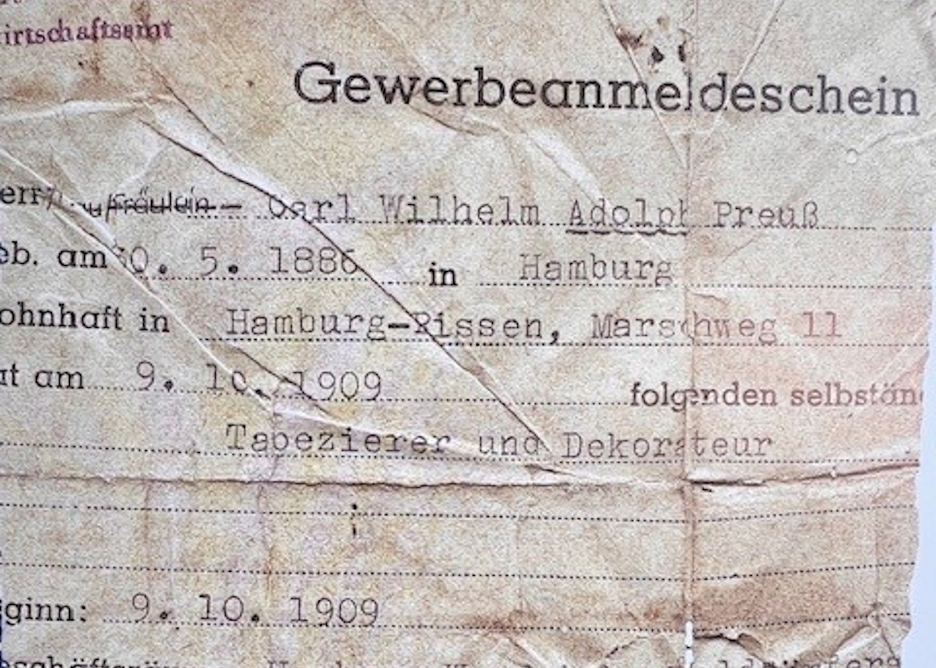 1909 Gewerbeschein Carl Wilhelm Adolph Preuss Web Gewerbeschein Carl Wilhelm Preuß