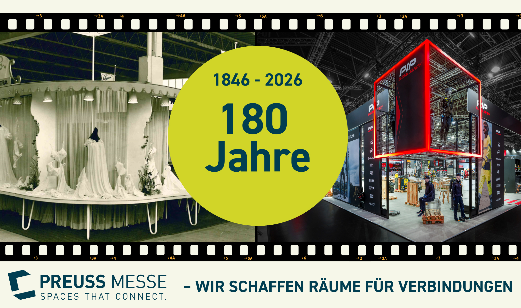 180 Jahre Preuss Messe Jubilaeum Jubiläumsbild: ‚1846–2026, 180 Jahre‘, mit historischem und modernem Messestand sowie Preuss Messe Logo und Slogan.