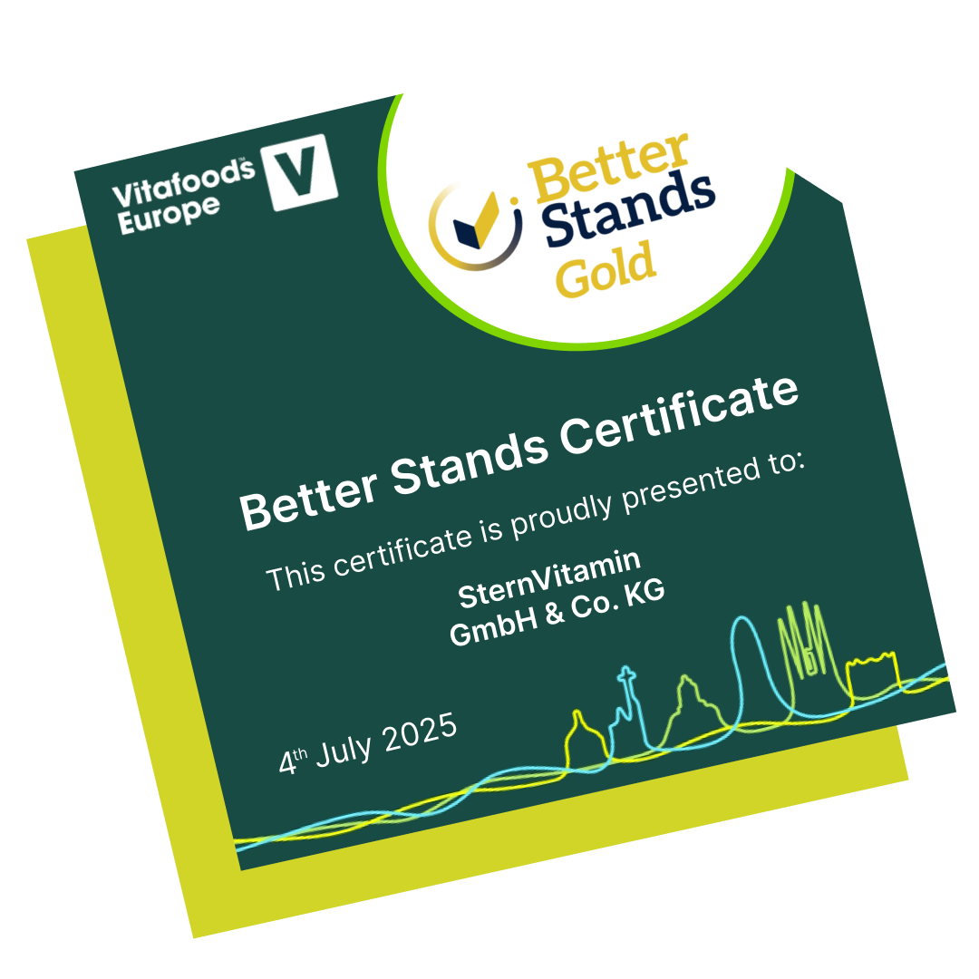 Zertifikat des Better Stands Nachhaltigkeitsawards für den Messestand von Stern Vitamin auf der Vitafoods in Barcelona